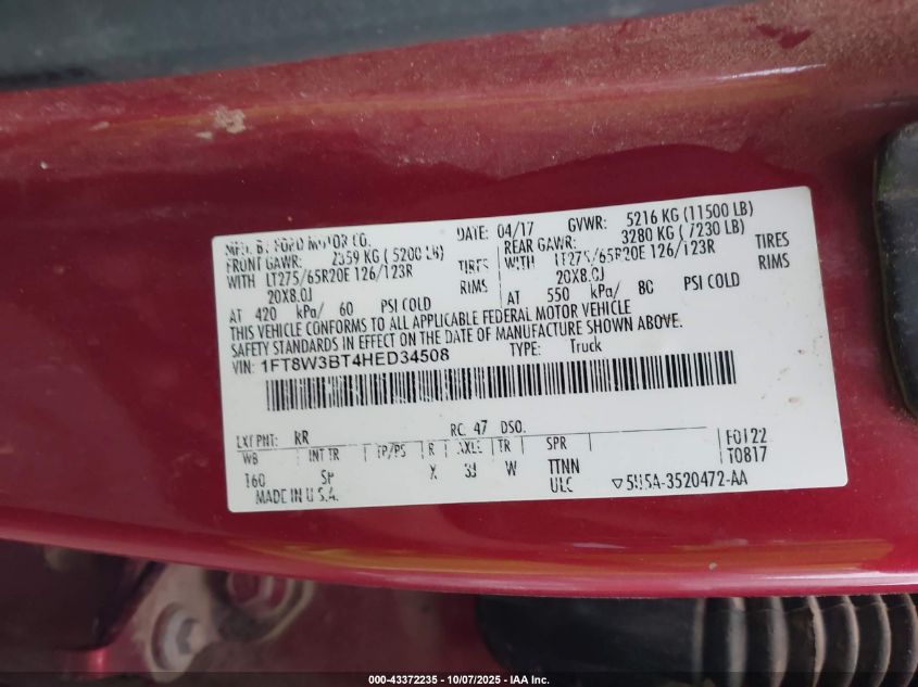 2017 Ford F-350 King Ranch VIN: 1FT8W3BT4HED34508 Lot: 43372235