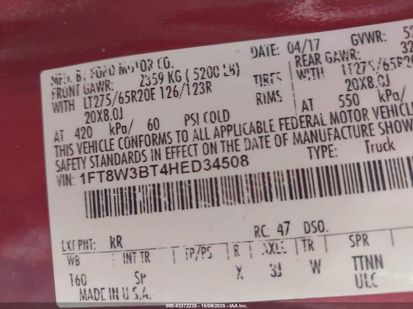 2017 Ford F350 VIN: 1FT8W3BT4HED34508 Lot: 43372235