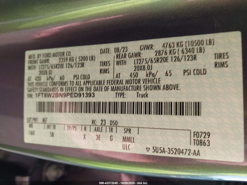 2023 Ford F-250 Lariat VIN: 1FT8W2BN9PED91393 Lot: 43372245
