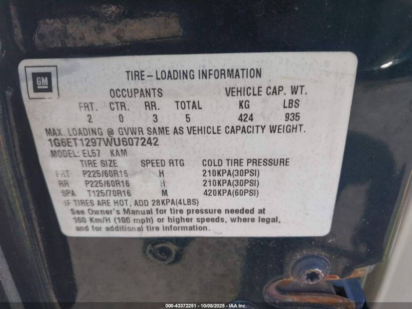 1998 Cadillac Eldorado Touring VIN: 1G6ET1297WU607242 Lot: 43372251