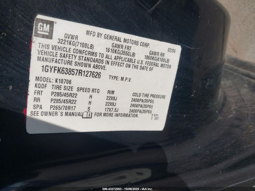 2007 Cadillac Escalade Standard VIN: 1GYFK63857R127626 Lot: 43372263