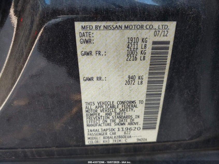 2013 Nissan Altima 2.5 S VIN: 1N4AL3AP5DC119620 Lot: 43372266