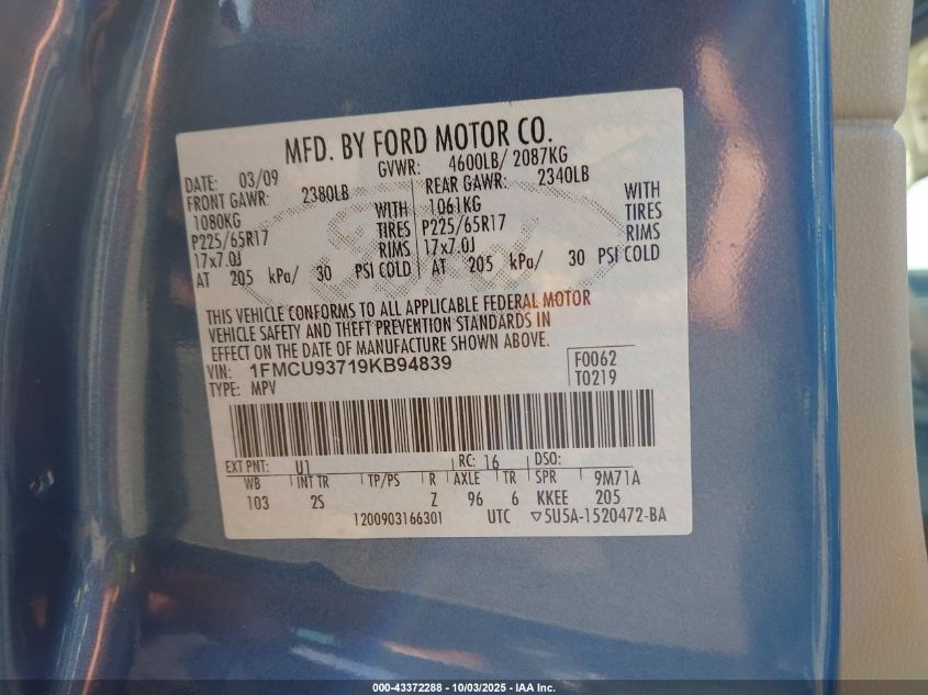 2009 Ford Escape Xlt VIN: 1FMCU93719KB94839 Lot: 43372288