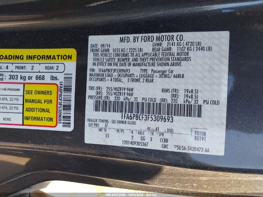 2015 Ford Mustang Gt Premium VIN: 1FA6P8CF3F5309693 Lot: 43372309