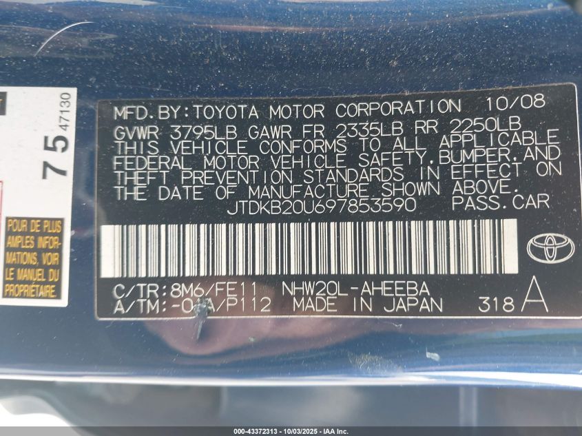 2009 Toyota Prius VIN: JTDKB20U697853590 Lot: 43372313