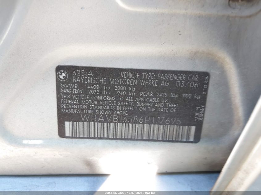 2006 BMW 325I VIN: WBAVB13586PT17695 Lot: 43372320