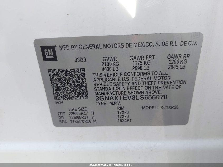 2020 Chevrolet Equinox Awd 2Fl VIN: 3GNAXTEV8LS656070 Lot: 43372342