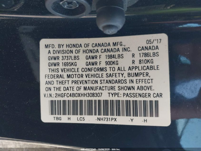 2017 Honda Civic Lx-P VIN: 2HGFC4B0XHH308307 Lot: 43372349