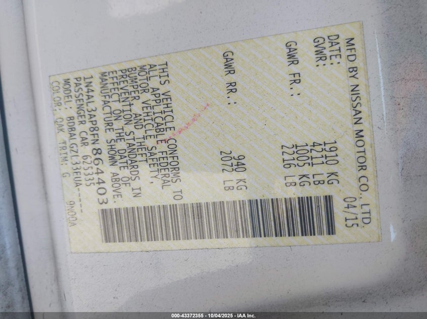 2015 Nissan Altima 2.5/2.5 S/2.5 Sl/2.5 Sv VIN: 1N4AL3AP8FN864403 Lot: 43372355