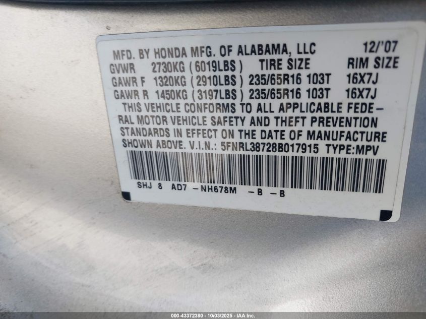 2008 Honda Odyssey Ex-L VIN: 5FNRL38728B017915 Lot: 43372380