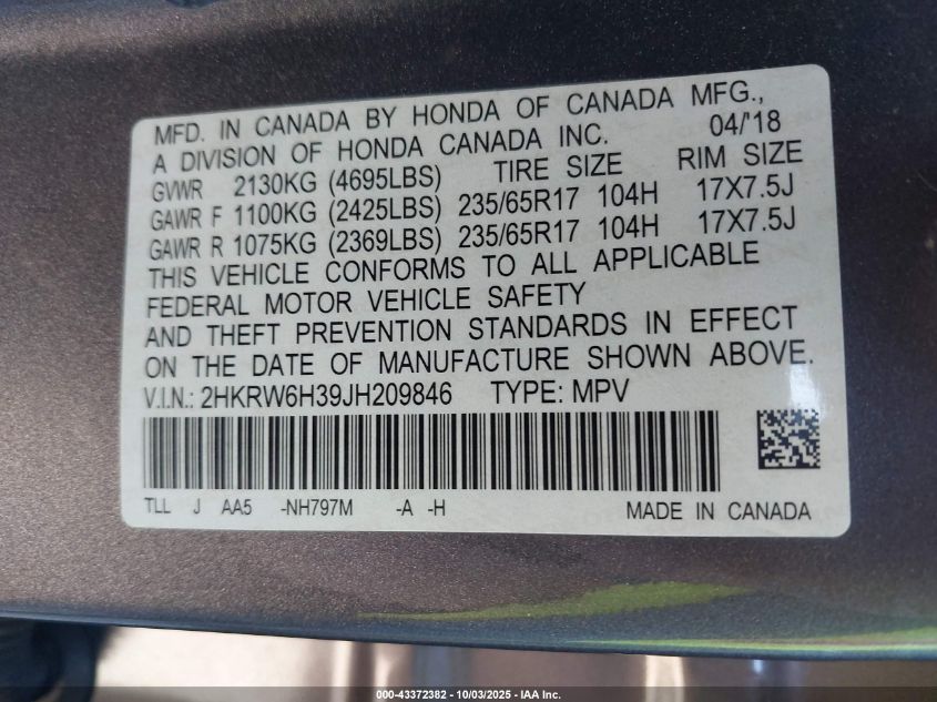 2018 Honda Cr-V Lx VIN: 2HKRW6H39JH209846 Lot: 43372382