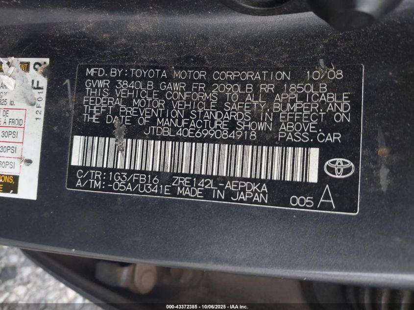 2009 Toyota Corolla Le VIN: JTDBL40E699084918 Lot: 43372385