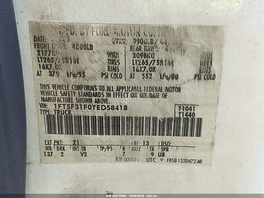 2000 Ford F-350 Lariat/Xl/Xlt VIN: 1FTSF31F0YED58418 Lot: 43372396
