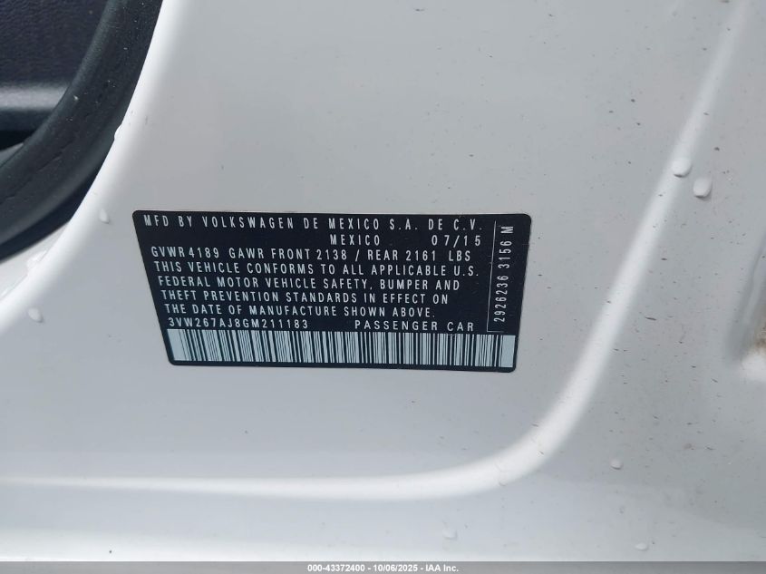 2016 Volkswagen Jetta 1.4T S VIN: 3VW267AJ8GM211183 Lot: 43372400