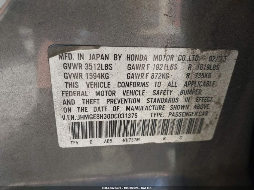 2013 Honda Fit VIN: JHMGE8H30DC031376 Lot: 43372409