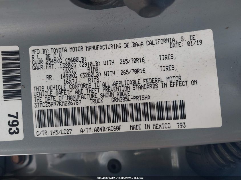 2019 Toyota Tacoma Trd Off Road VIN: 3TMCZ5AN7KM226787 Lot: 43372412