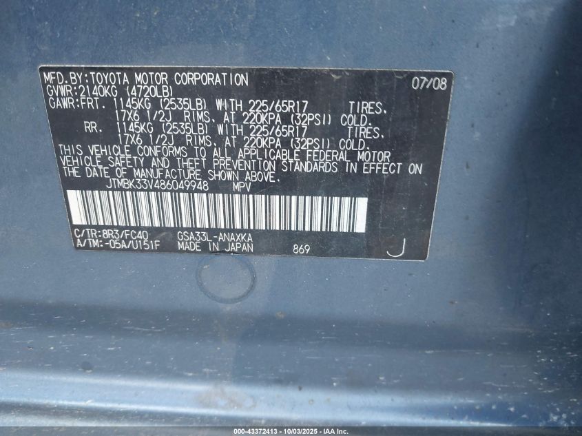 2008 Toyota Rav4 Base V6 VIN: JTMBK33V486049948 Lot: 43372413