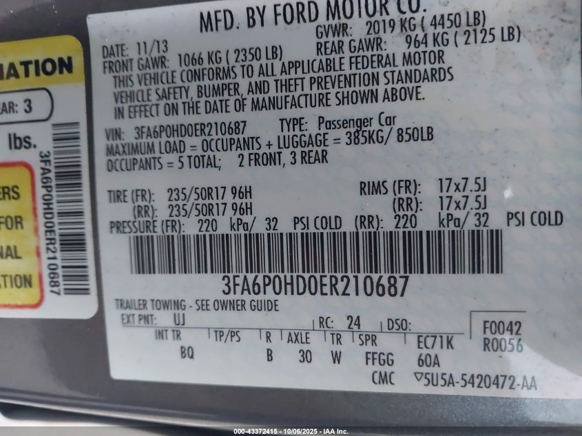 2014 Ford Fusion Se VIN: 3FA6P0HD0ER210687 Lot: 43372415