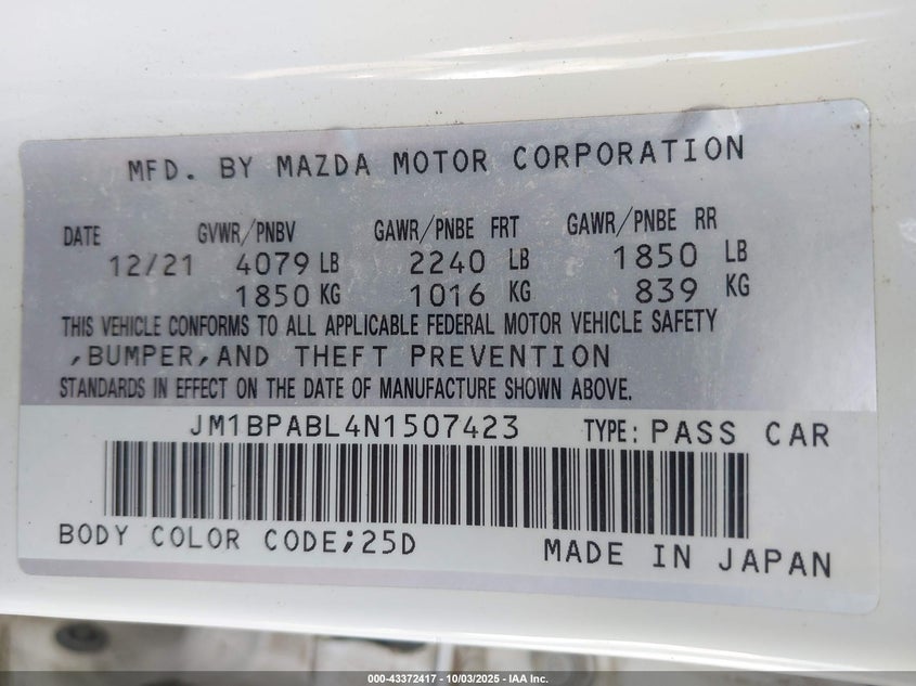 2022 MAZDA MAZDA3 SELECT - JM1BPABL4N1507423