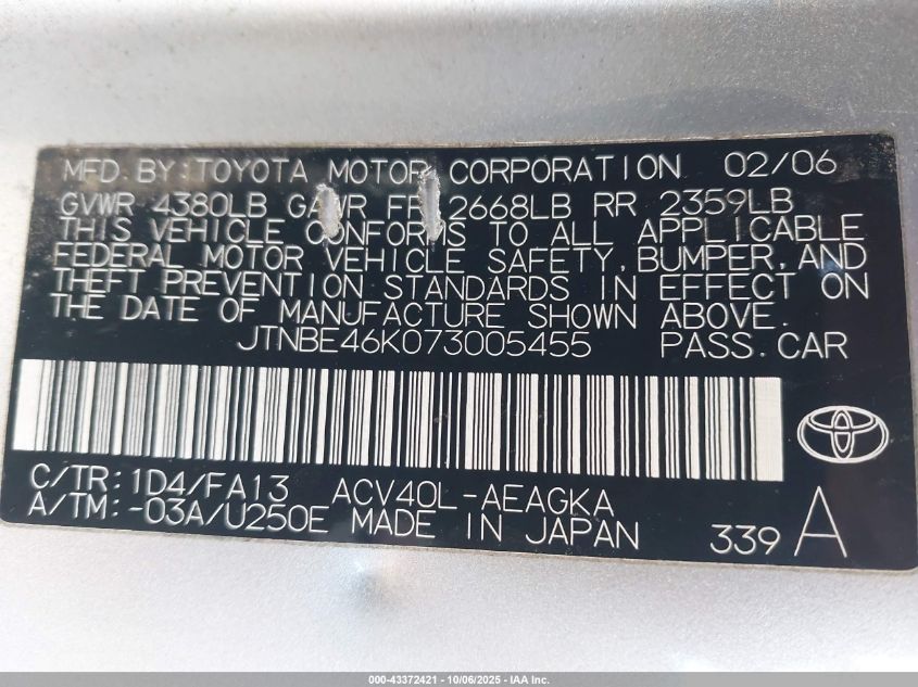 2007 Toyota Camry Xle VIN: JTNBE46K073005455 Lot: 43372421