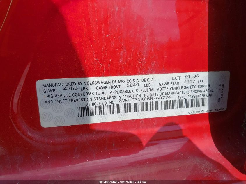 2006 Volkswagen Jetta Tdi VIN: 3VWDT71K26M760774 Lot: 43372445