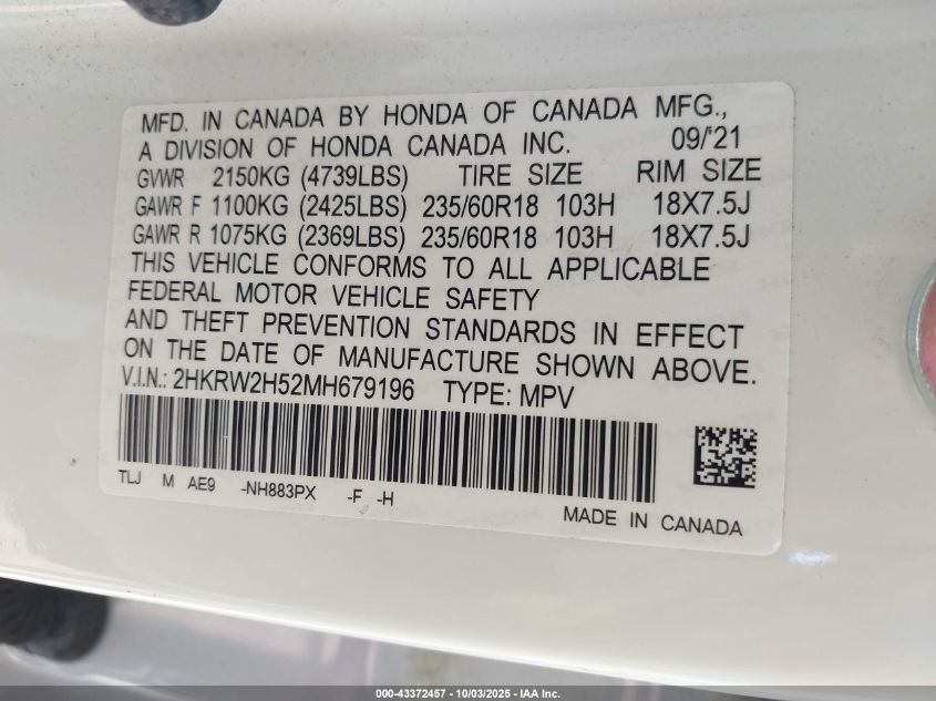 2021 Honda Cr-V Awd Ex VIN: 2HKRW2H52MH679196 Lot: 43372457