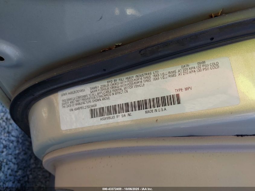 2007 Subaru Outback 2.5I Basic VIN: 4S4BP61C276314459 Lot: 43372459