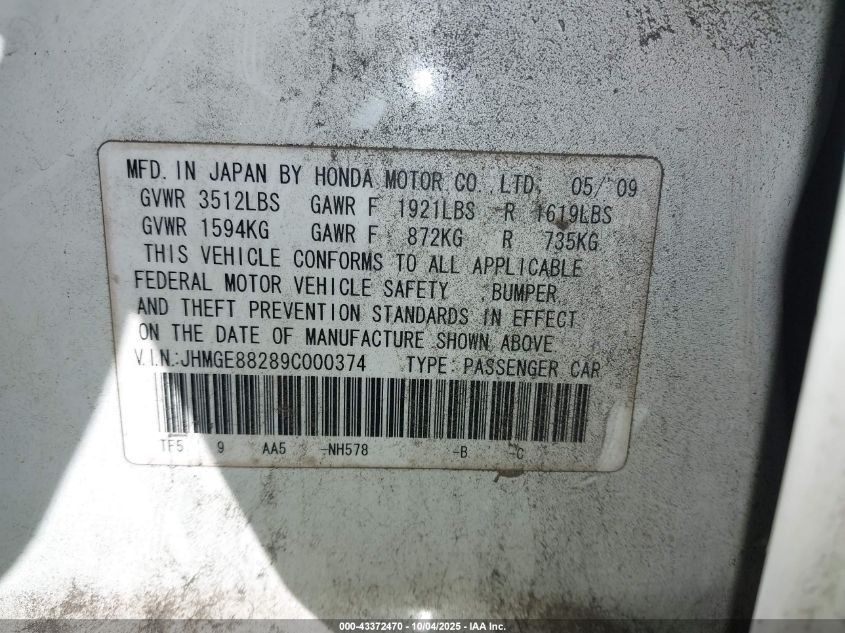 2009 Honda Fit VIN: JHMGE88289C000374 Lot: 43372470