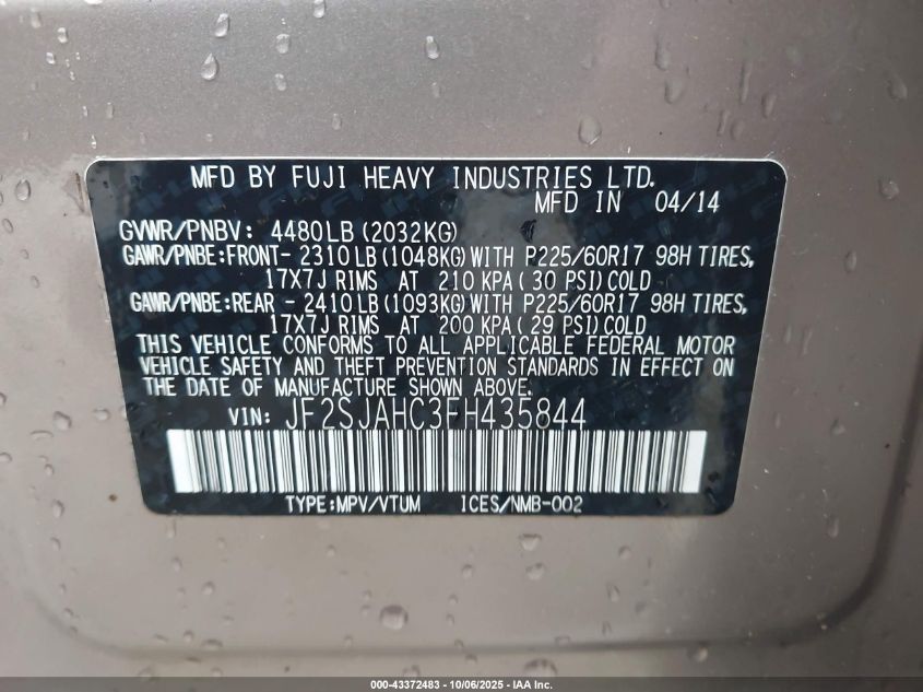 2015 Subaru Forester 2.5I Limited VIN: JF2SJAHC3FH435844 Lot: 43372483