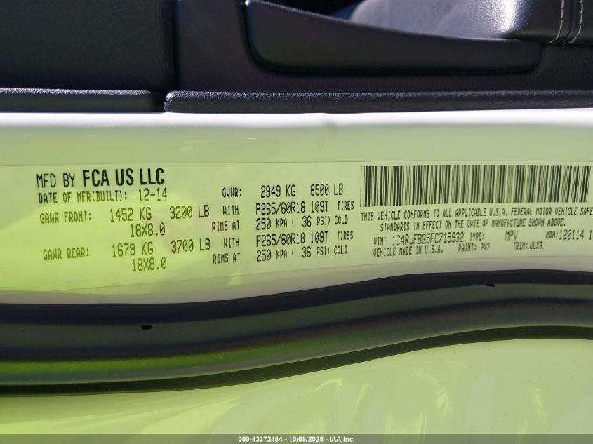 2015 Jeep Grand Cherokee Limited VIN: 1C4RJFBG5FC715932 Lot: 43372484