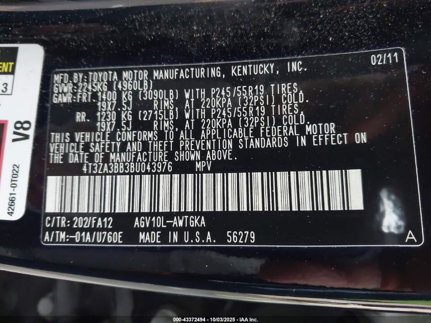 2011 Toyota Venza VIN: 4T3ZA3BB3BU043976 Lot: 43372494