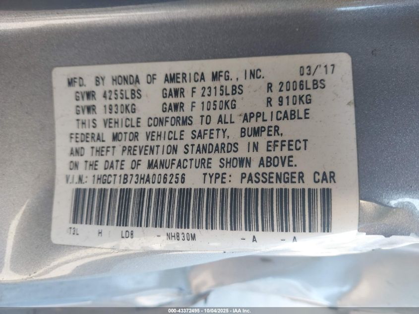 2017 Honda Accord Ex VIN: 1HGCT1B73HA006256 Lot: 43372495