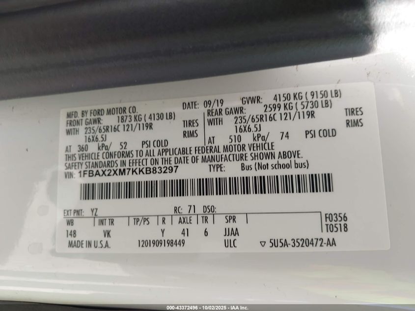 2019 Ford Transit-350 Xl VIN: 1FBAX2XM7KKB83297 Lot: 43372496