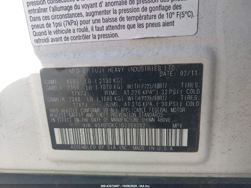 2011 Subaru Outback 3.6R Limited VIN: 4S4BRDKC1B2399002 Lot: 43372497