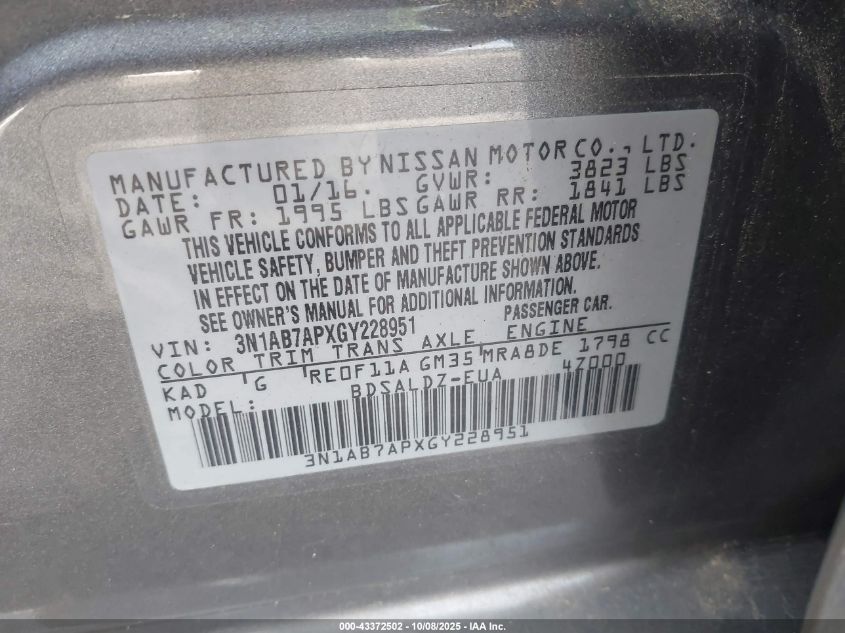 2016 Nissan Sentra Sv VIN: 3N1AB7APXGY228951 Lot: 43372502