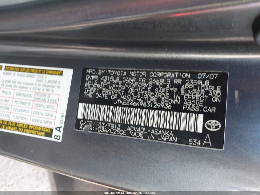 2008 Toyota Camry Le/Se/Xle VIN: JTNBE46K983129936 Lot: 43372514