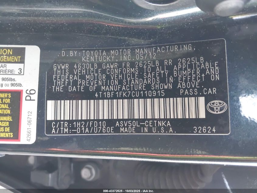 2012 Toyota Camry Le VIN: 4T1BF1FK7CU110915 Lot: 43372525