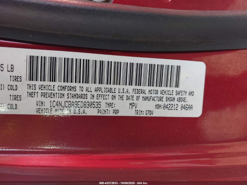 2014 Jeep Compass Altitude VIN: 1C4NJCBA9ED830535 Lot: 43372533