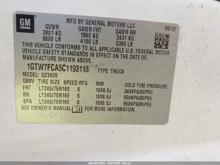 2012 GMC Savana 2500 Work Van VIN: 1GTW7FCA5C1193113 Lot: 43372532