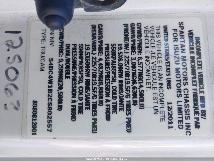 2012 Isuzu Npr Gas Reg VIN: 54DC4W1B2CS802557 Lot: 43372535