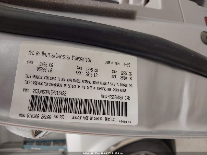 2005 Chrysler 300C VIN: 2C3JA63H15H615492 Lot: 43372538