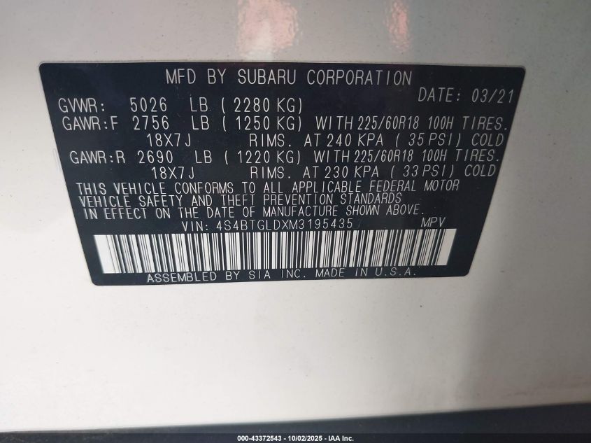 2021 SUBARU OUTBACK ONYX EDITION XT - 4S4BTGLDXM3195435