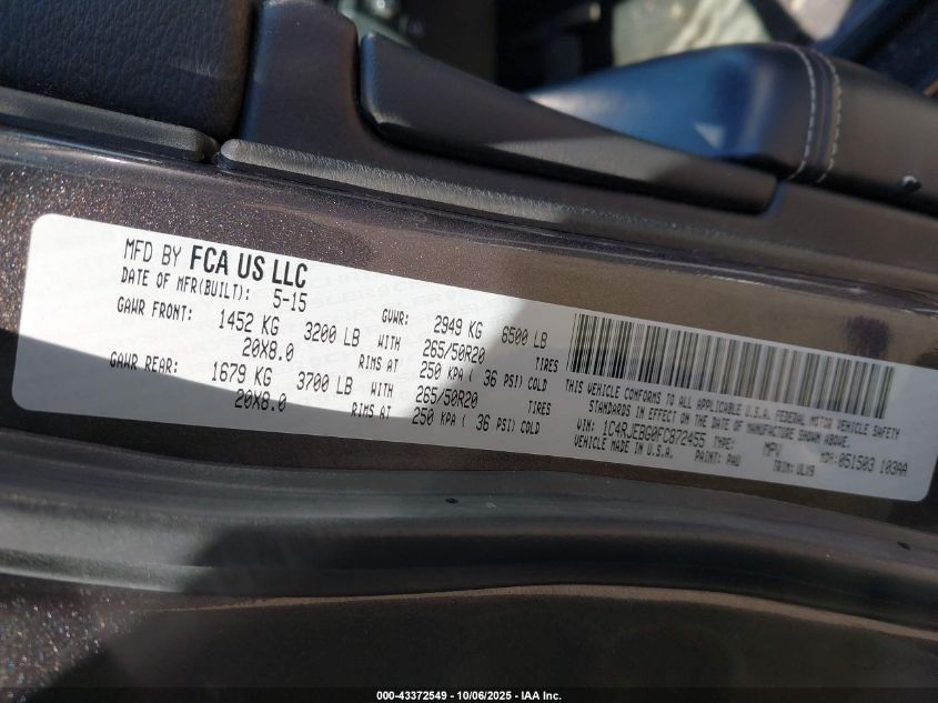 2015 Jeep Grand Cherokee Limited VIN: 1C4RJEBG0FC872455 Lot: 43372549