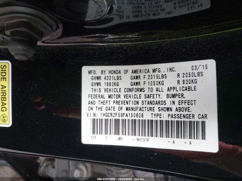 2015 Honda Accord Sport VIN: 1HGCR2F58FA150606 Lot: 43372560