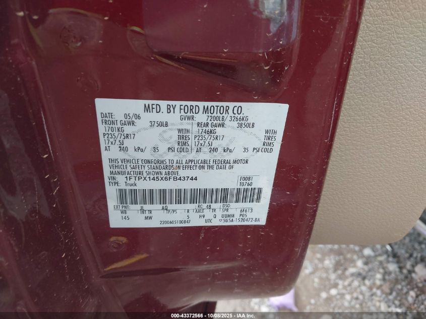 2006 Ford F-150 Fx4/Lariat/Xl/Xlt VIN: 1FTPX145X6FB43744 Lot: 43372566