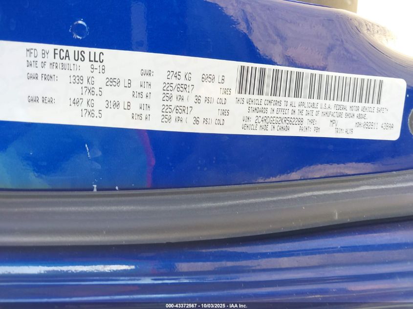 2019 Dodge Grand Caravan Gt VIN: 2C4RDGEG2KR562288 Lot: 43372567