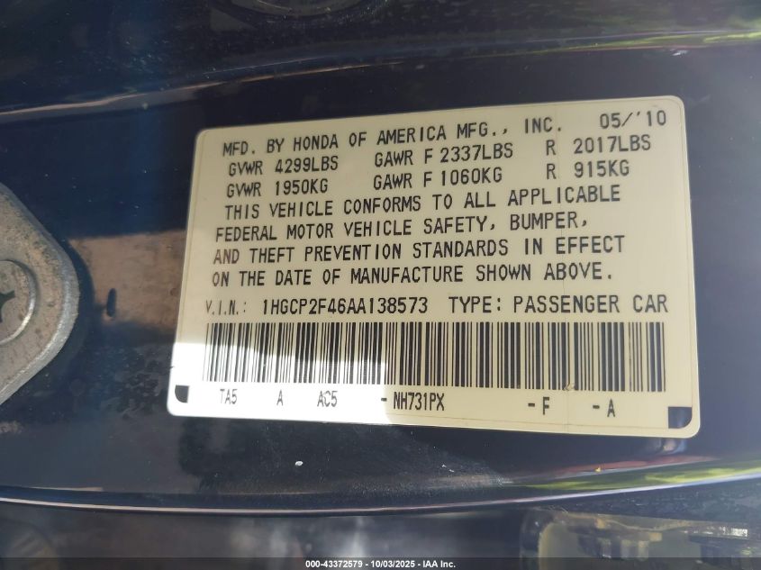 2010 Honda Accord Lxp VIN: 1HGCP2F46AA138573 Lot: 43372579