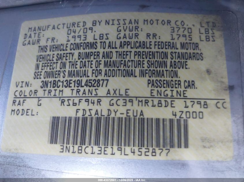 2009 Nissan Versa 1.8S VIN: 3N1BC13E19L452877 Lot: 43372581