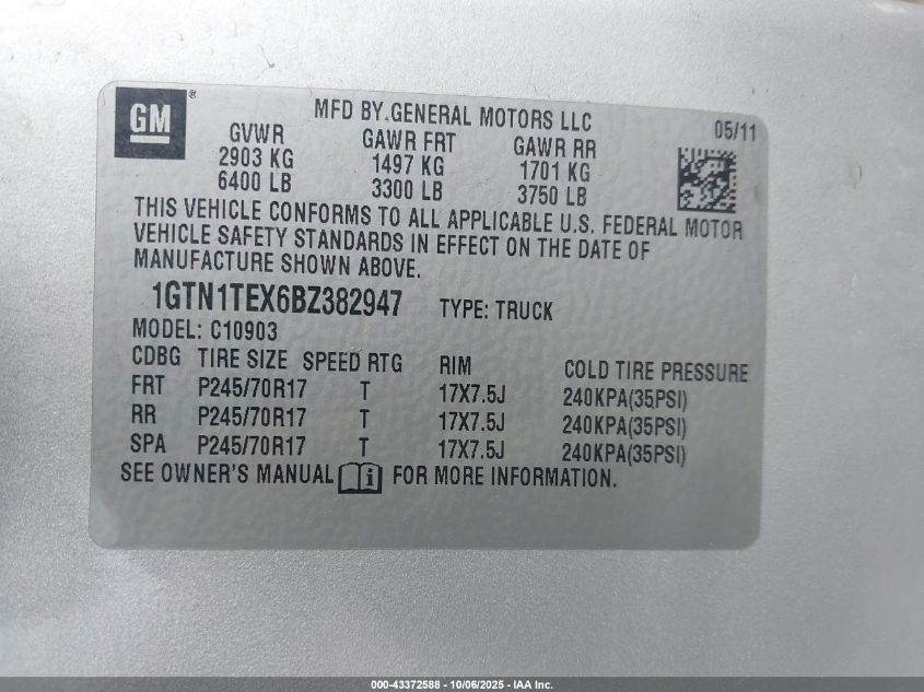 2011 GMC Sierra 1500 Work Truck VIN: 1GTN1TEX6BZ382947 Lot: 43372588