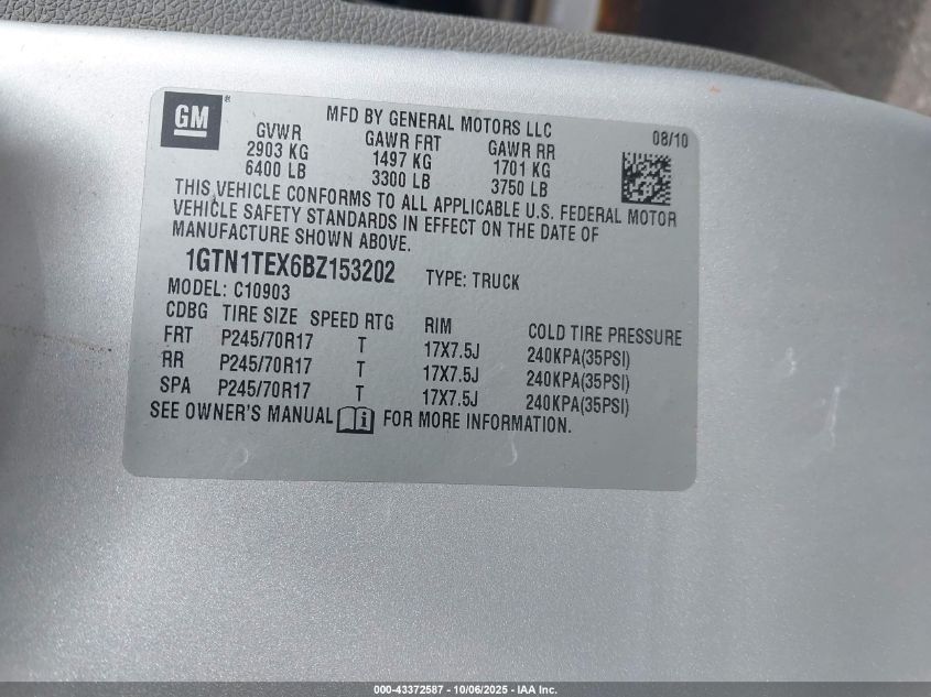 2011 GMC Sierra 1500 Work Truck VIN: 1GTN1TEX6BZ153202 Lot: 43372587